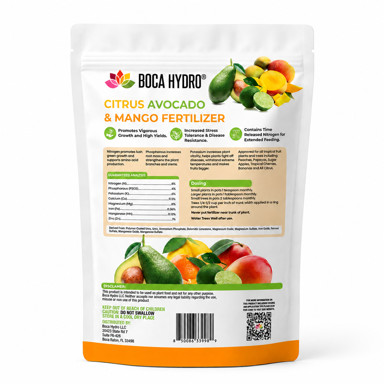 Boca Hydro Citrus Avocado and Mango Fertilizer 6-4-6 + 11.5% Calcium for Tropical Fruit Trees and Bananas