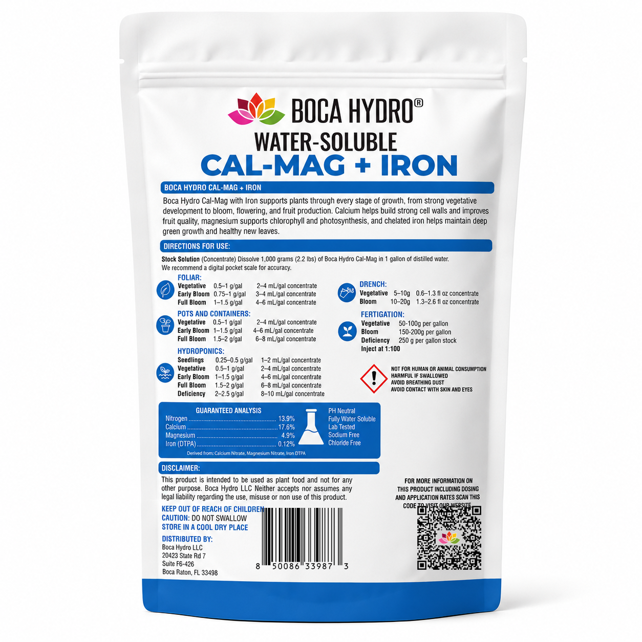 Boca Hydro Cal-Mag + Iron Water Soluble Calcium Magnesium Fertilizer for Hydroponics Coco Soil and Fruiting Plants