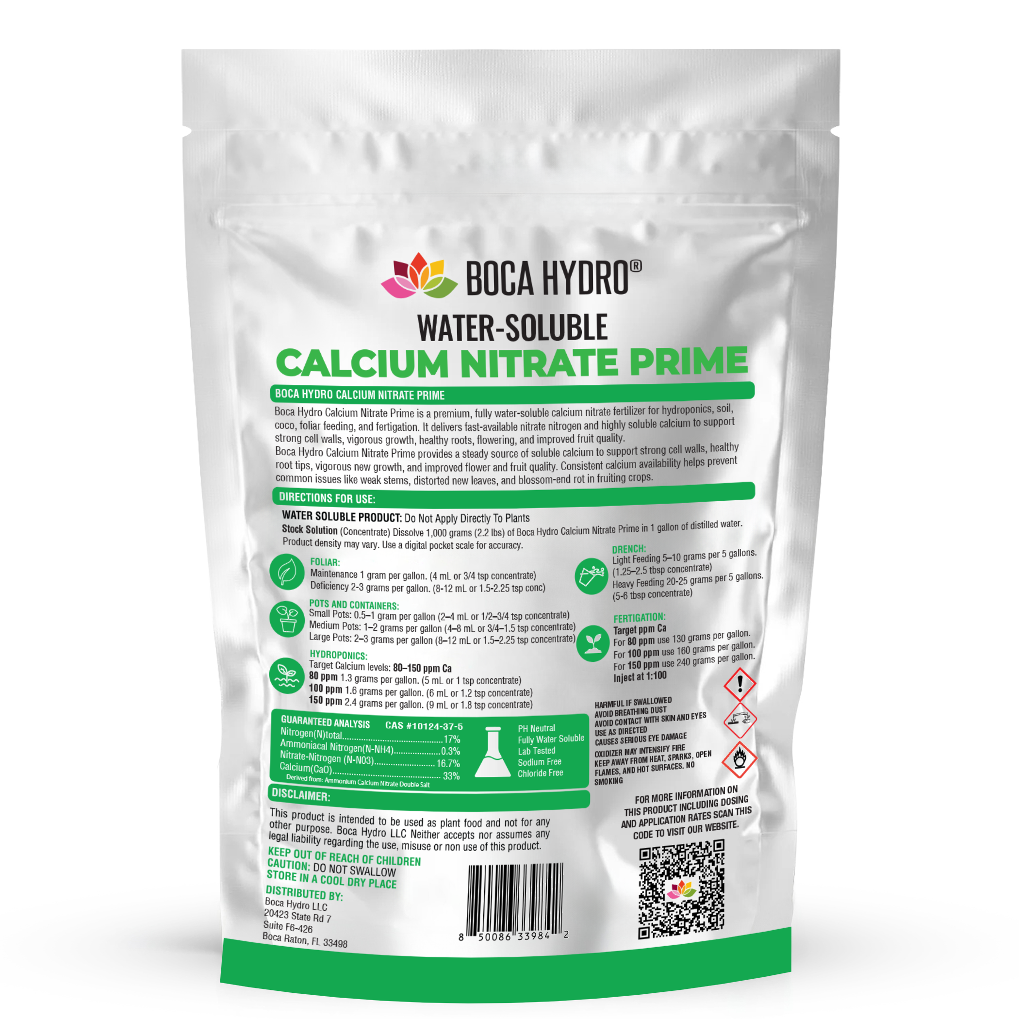Boca Hydro Calcium Nitrate Prime Hydroponics Grade Water Soluble 17-0-0 + 33% Calcium Fertilizer for Hydroponics Soil Coco Foliar Feeding Fertigation and Fruit Crops