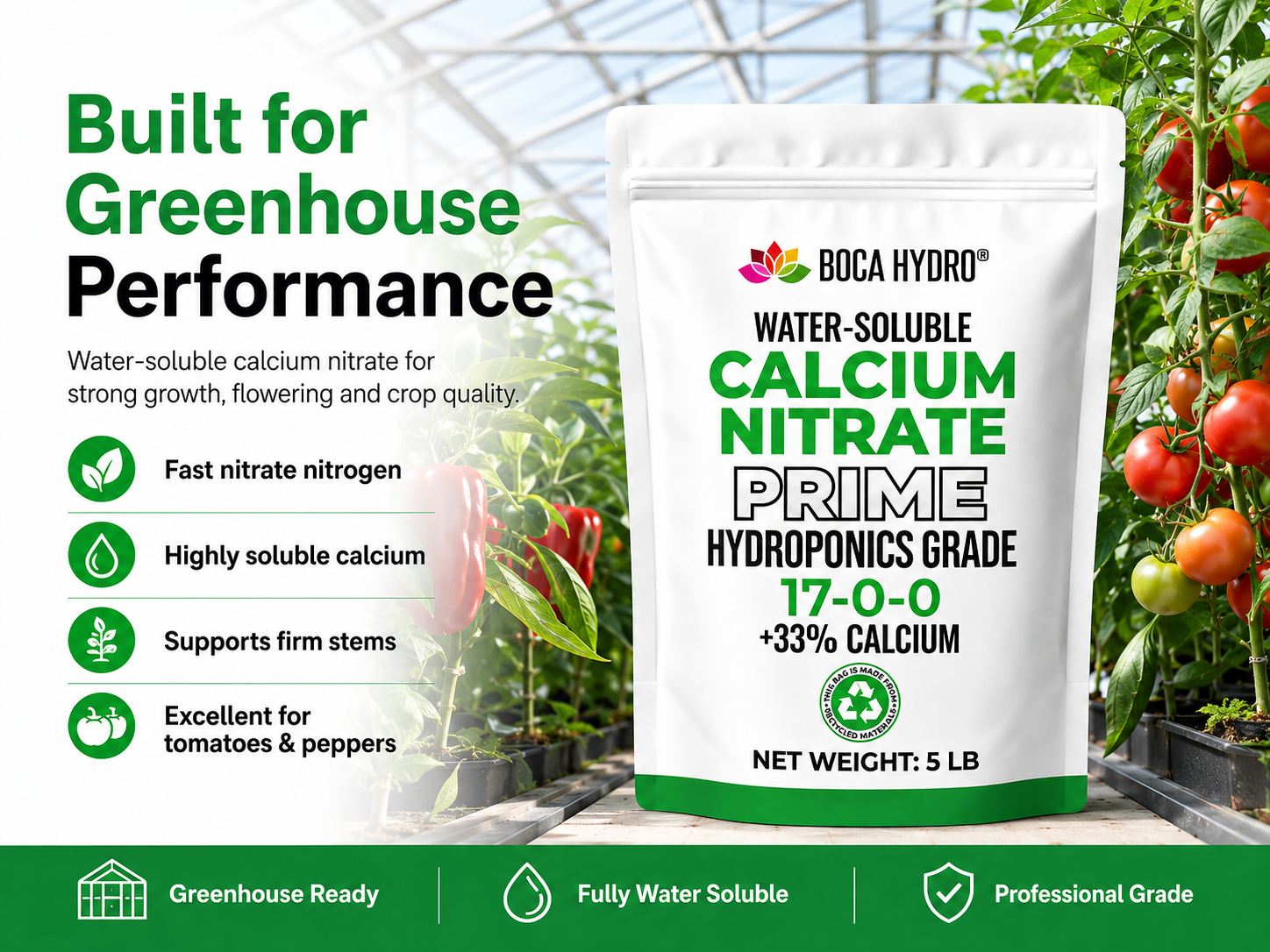 Boca Hydro Calcium Nitrate Prime Hydroponics Grade Water Soluble 17-0-0 + 33% Calcium Fertilizer for Hydroponics Soil Coco Foliar Feeding Fertigation and Fruit Crops