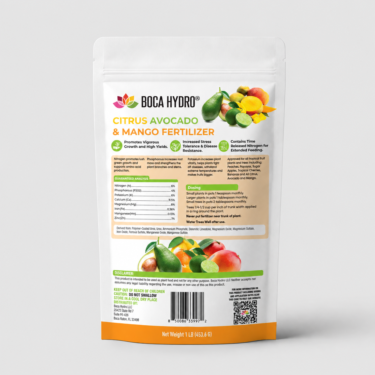 Boca Hydro Citrus Avocado and Mango Fertilizer 6-4-6 + 11.5% Calcium for Tropical Fruit Trees and Bananas