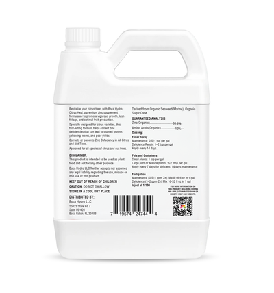 Boca Hydro Organic Citrus Heal Zinc Supplement for all Citrus and Nut Trees. 20% Zinc + Seaweed Amino Acid Plant Growth Enhancer