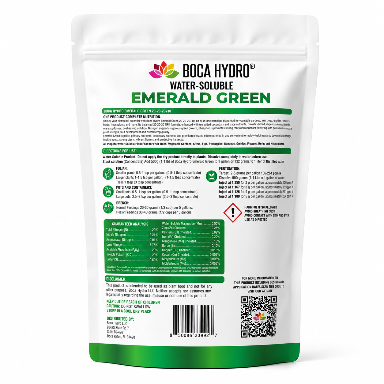 Boca Hydro Emerald Green 20-20-20+10 Complete Water Soluble Plant Food