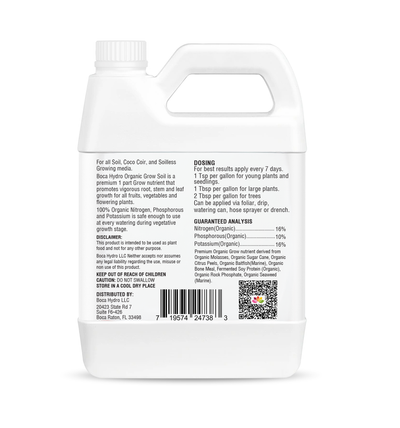 Boca Hydro Grow Soil – Organic Liquid Plant Food 16-10-16 NPK | Base Grow Fertilizer with Amino Acids & Micronutrients | Complete Organic Nutrition for Strong Vegetative Growth, Healthy Roots, and Vibrant Green Plants