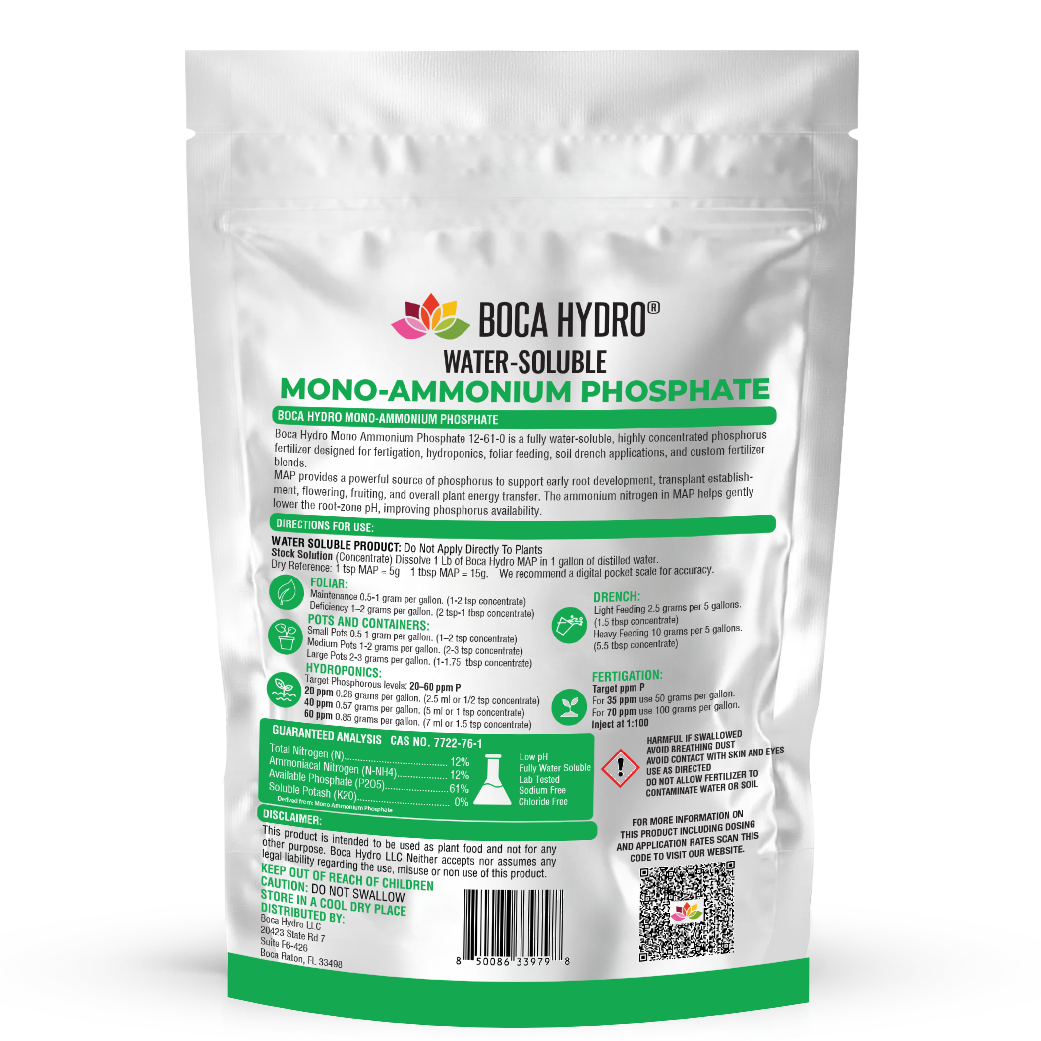 Boca Hydro MAP Monoammonium Phosphate Fertilizer 12-61-0 Water Soluble High Phosphorus Plant Food for Root Growth Bloom Boost Hydroponics Fertigation and Foliar Spray