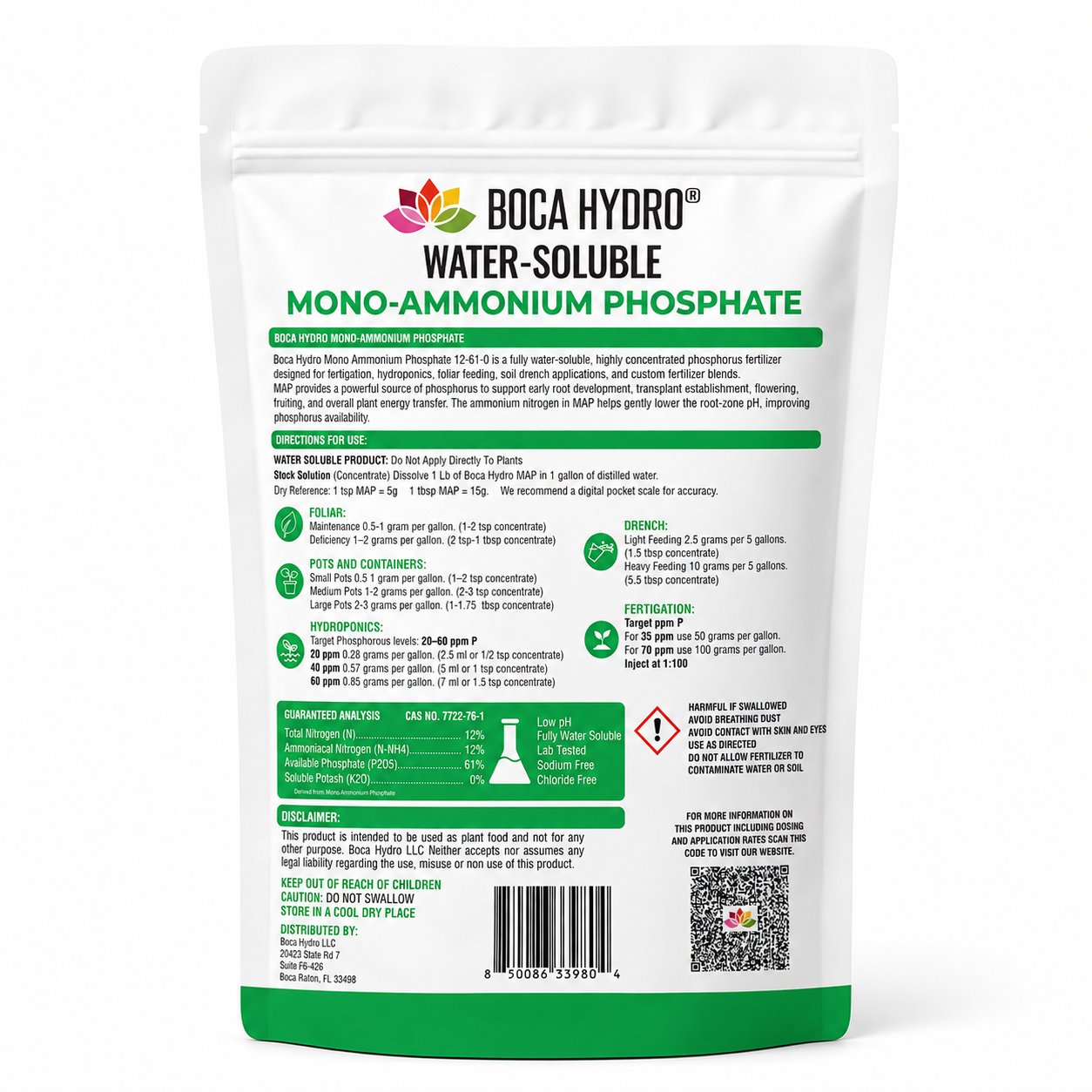 Boca Hydro MAP Monoammonium Phosphate Fertilizer 12-61-0 Water Soluble High Phosphorus Plant Food for Root Growth Bloom Boost Hydroponics Fertigation and Foliar Spray