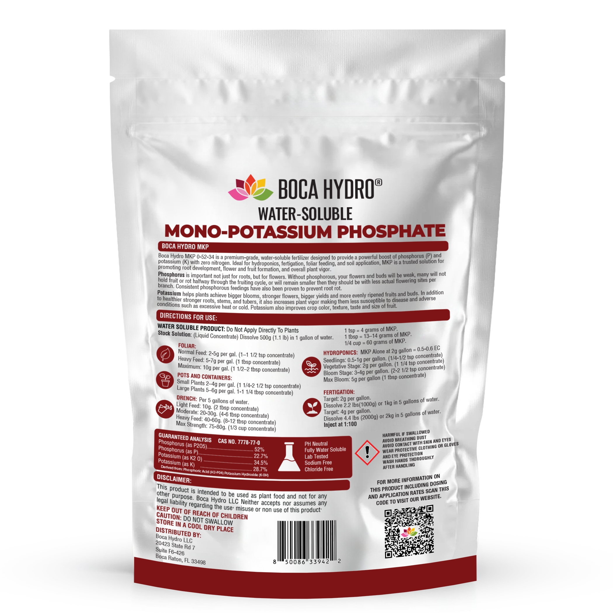 Boca Hydro MKP Mono-Potassium Phosphate 0-52-34 Water Soluble Flowering Enhancer Bloom Booster and Root Builder for all Plants, Vegetables and Trees