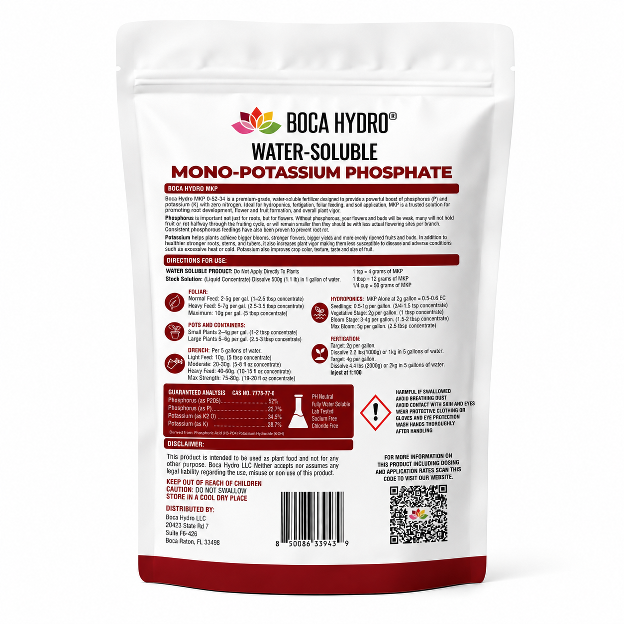 Boca Hydro MKP Mono-Potassium Phosphate 0-52-34 Water Soluble Flowering Enhancer Bloom Booster and Root Builder for all Plants, Vegetables and Trees