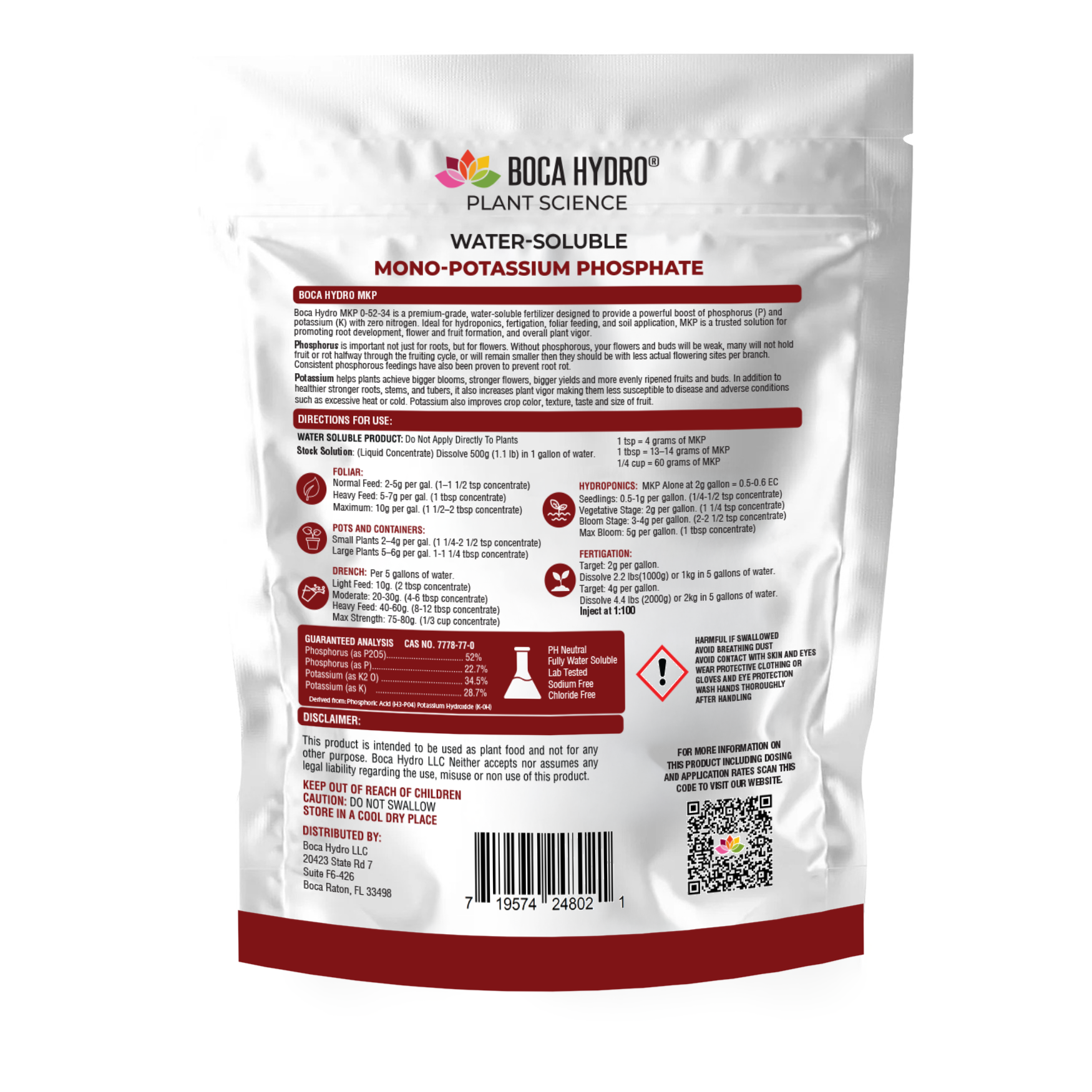 Boca Hydro MKP Mono-Potassium Phosphate 0-52-34 Water Soluble Flowering Enhancer Bloom Booster and Root Builder for all Plants, Vegetables, Flowers, Trees and Lawns