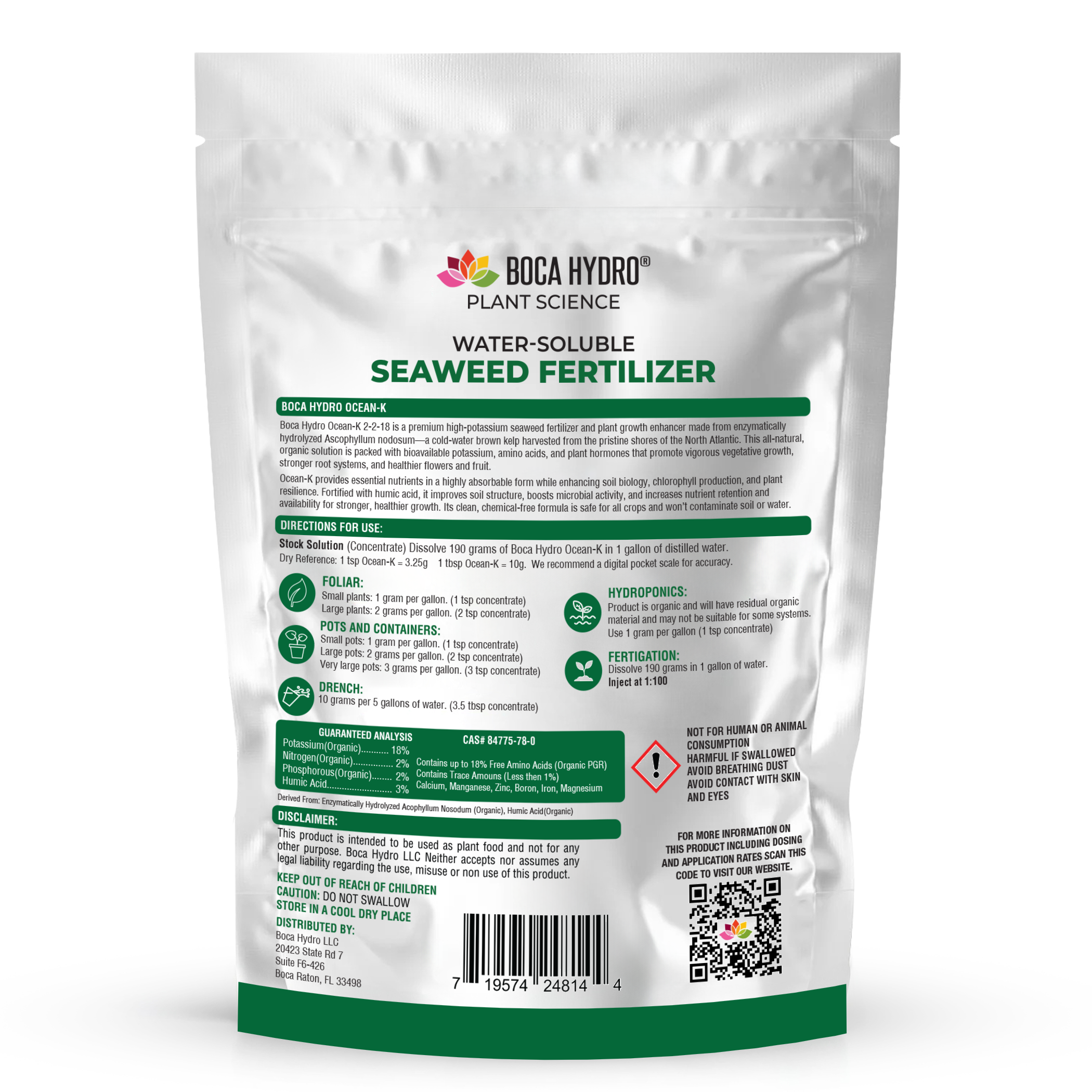 Boca Hydro Organic Ocean-K 2-2-18 + Trace Elements High Potassium Water-Soluble Seaweed Fertilizer Amino Acid Plant Growth Enhancer