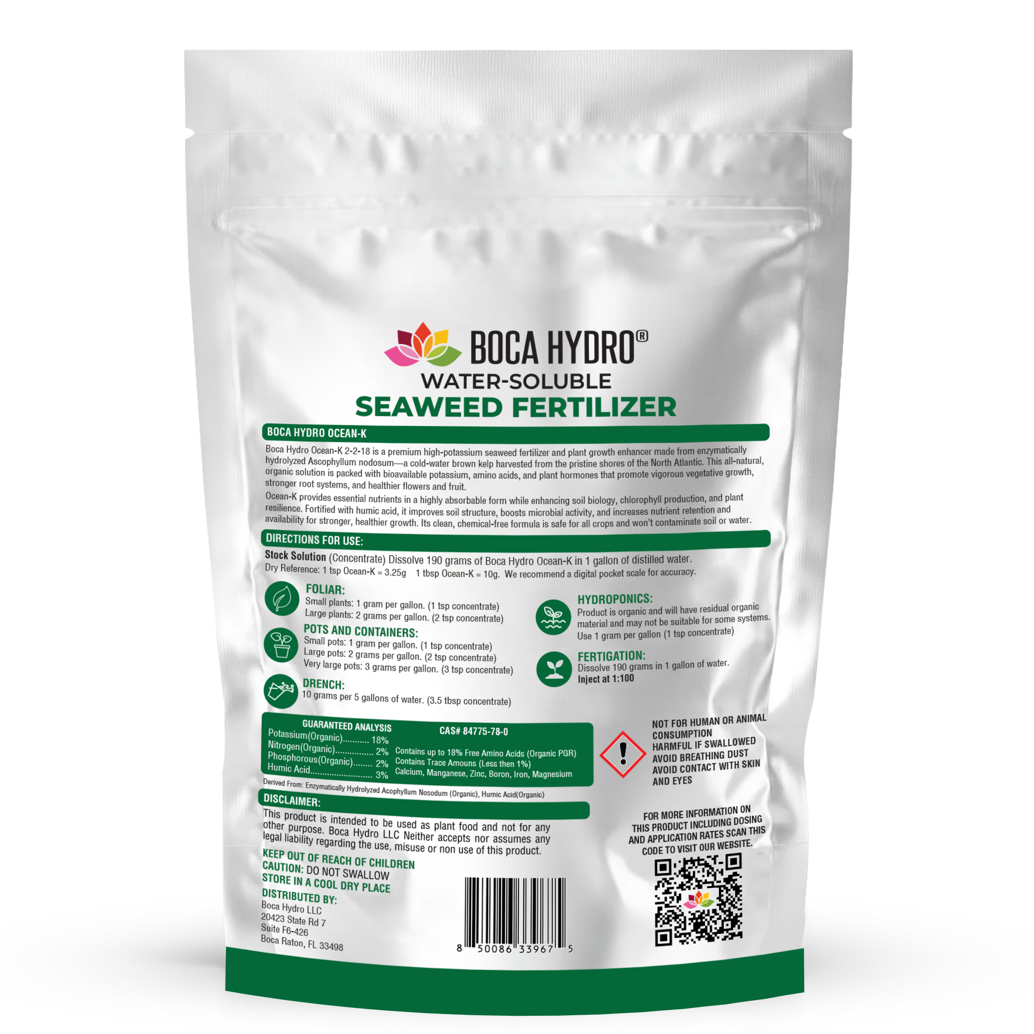 Boca Hydro Organic Ocean-K 2-2-18 + Trace Elements High Potassium Water-Soluble Seaweed Fertilizer Amino Acid Plant Growth Enhancer