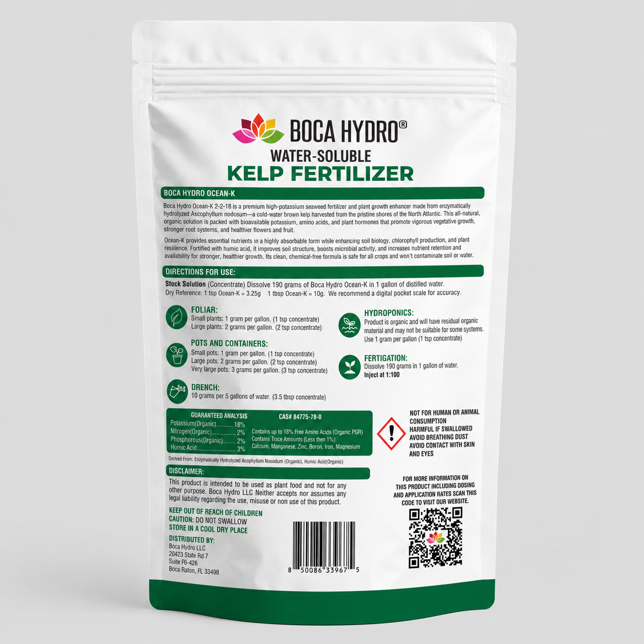 Boca Hydro Organic Ocean-K 2-2-18 + Trace Elements High Potassium Water-Soluble Seaweed Fertilizer Amino Acid Plant Growth Enhancer