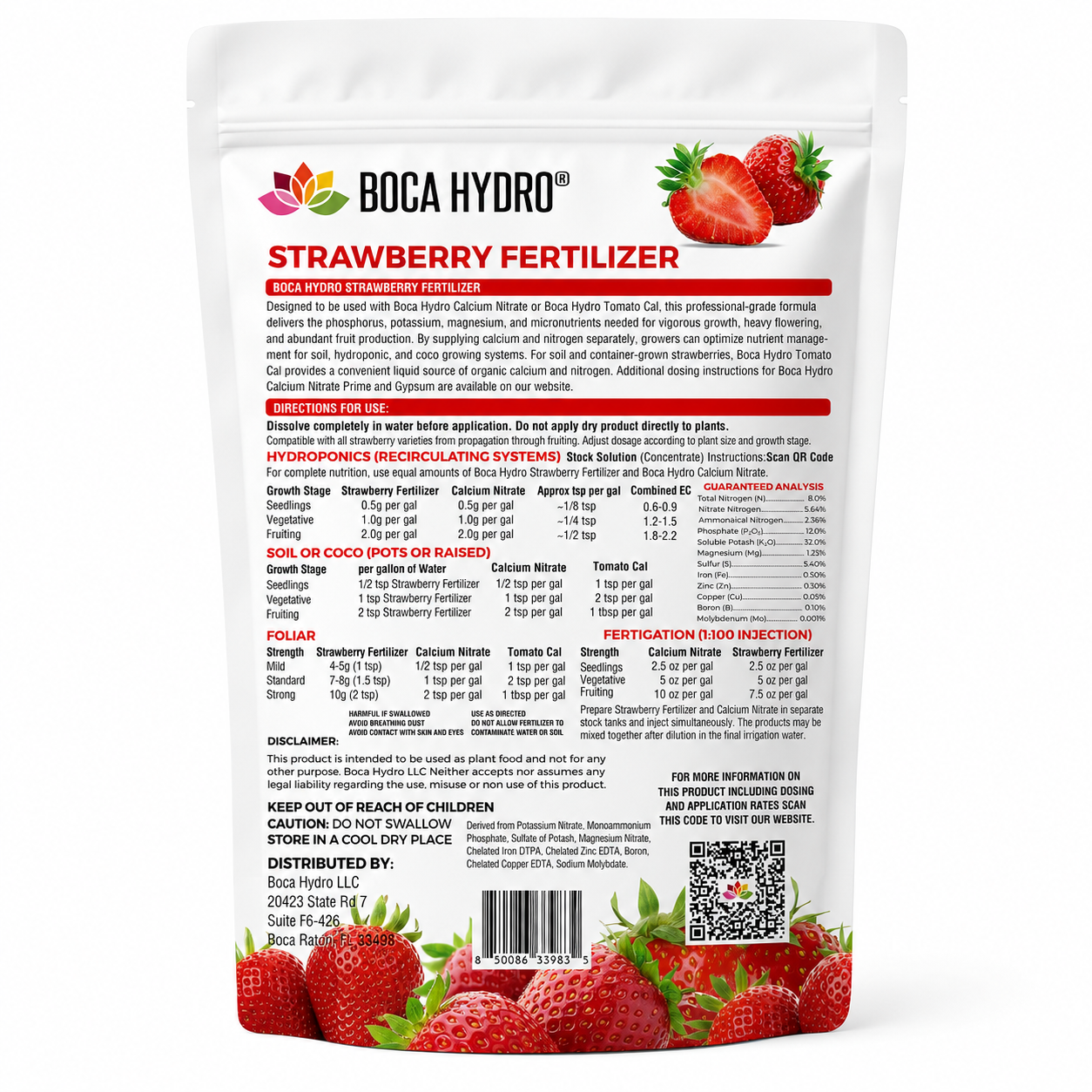 Boca Hydro Strawberry Fertilizer 8-12-32 Professional Water-Soluble Fertilizer for Hydroponics, Coco & Soil